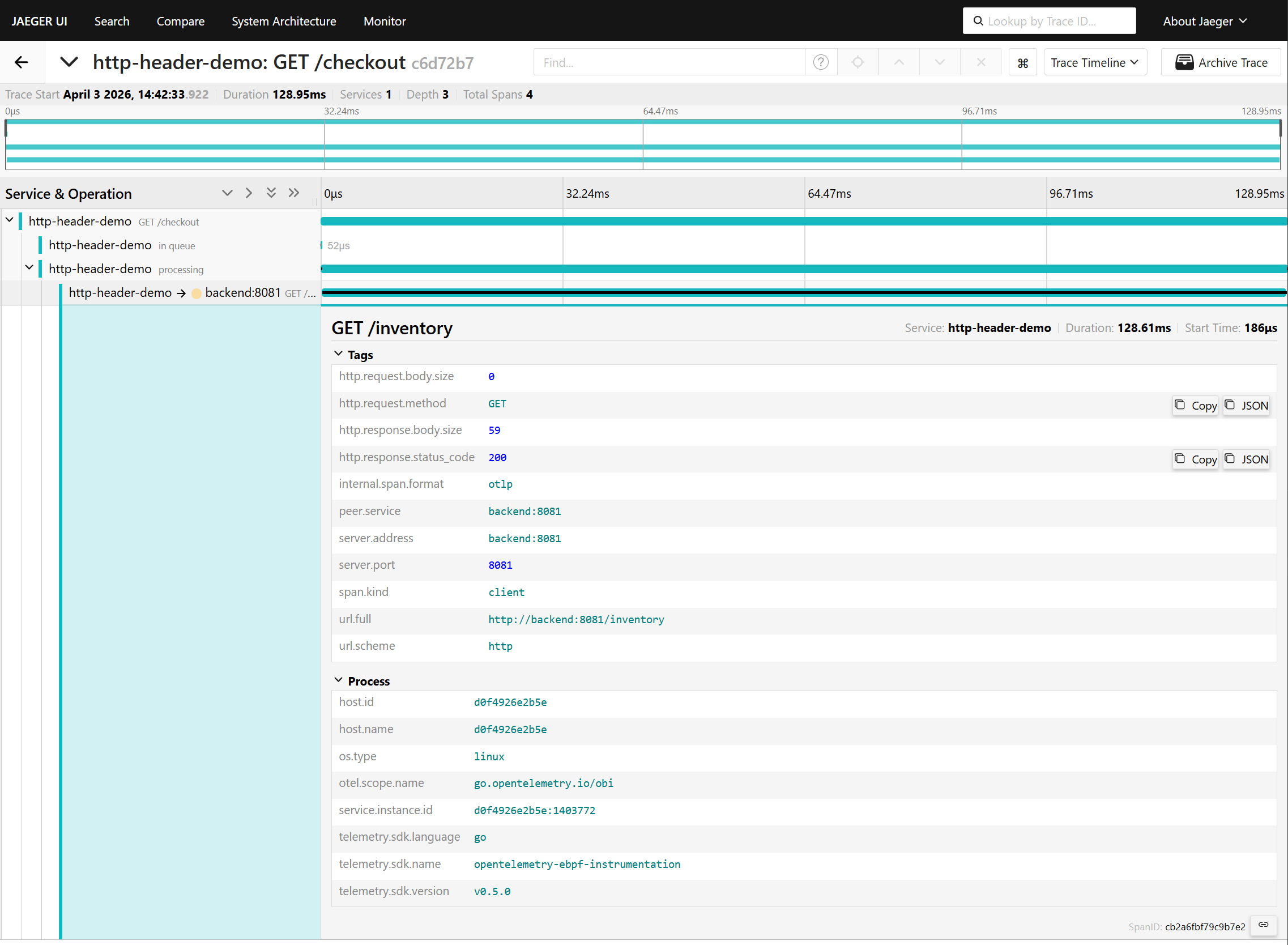Jaeger baseline trace with no enriched headers